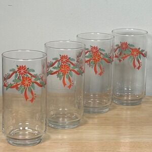 Set of 4 Vintage Libbey Christmas Poinsettia & Ribbons Glasses Tumblers Holidays